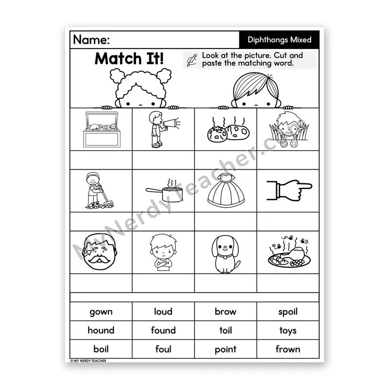 Mixed Diphthongs Cut and Paste Worksheet