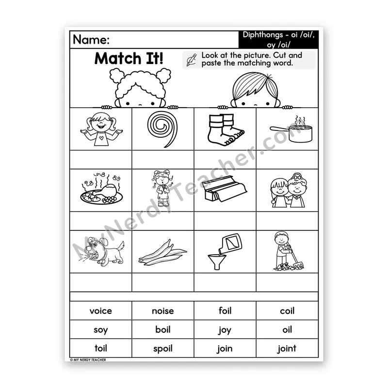 Diphthongs oi & oy Cut and Paste Worksheet