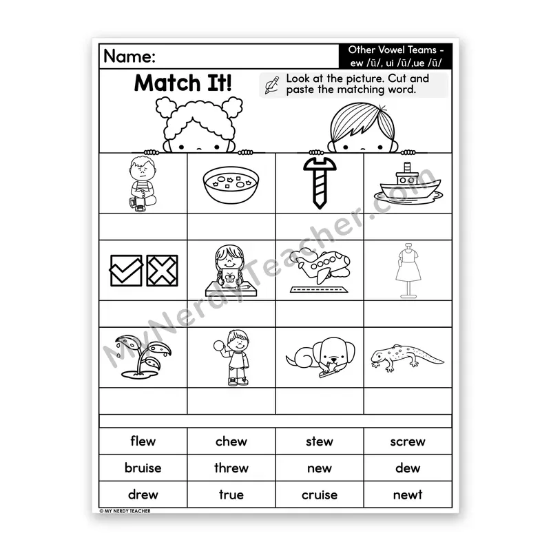 Vowel Teams ew, ui, ue Cut and Paste Worksheet