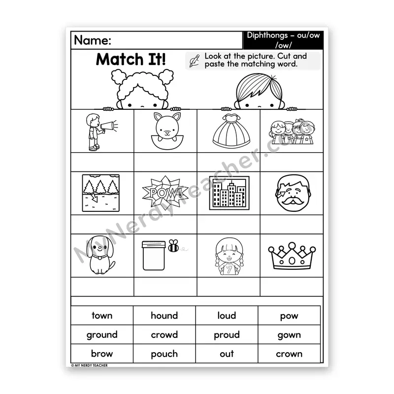 Diphthongs ou & ow Cut and Paste Worksheet