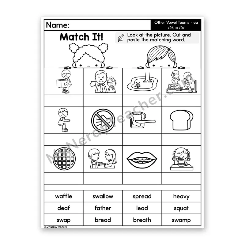Vowel Teams ea /e/ & a /o/ Cut and Paste Worksheet