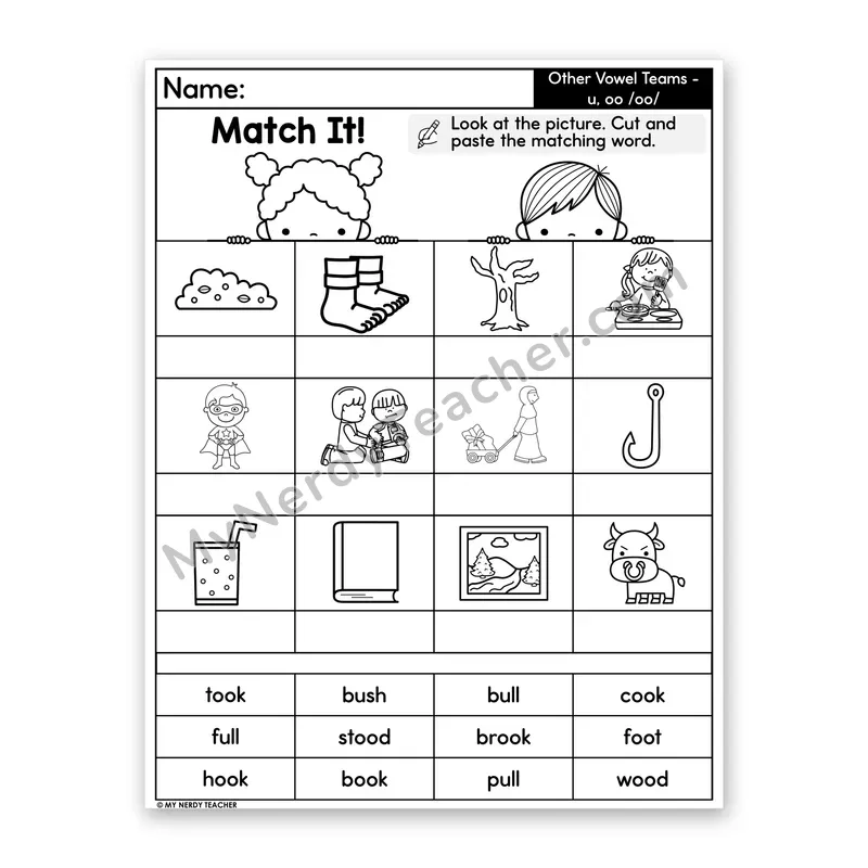 Vowel Teams oo & u (Short oo) Cut and Paste Worksheet
