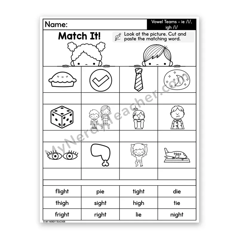 Vowel Teams ie & igh (Long I) Cut and Paste Worksheet