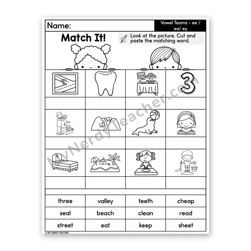 Vowel Teams ee, ea, ey (Long E) Cut and Paste Worksheet