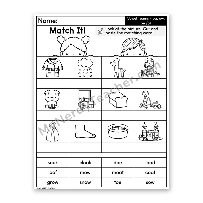 Vowel Teams oa, ow, oe (Long O) Cut and Paste Worksheet