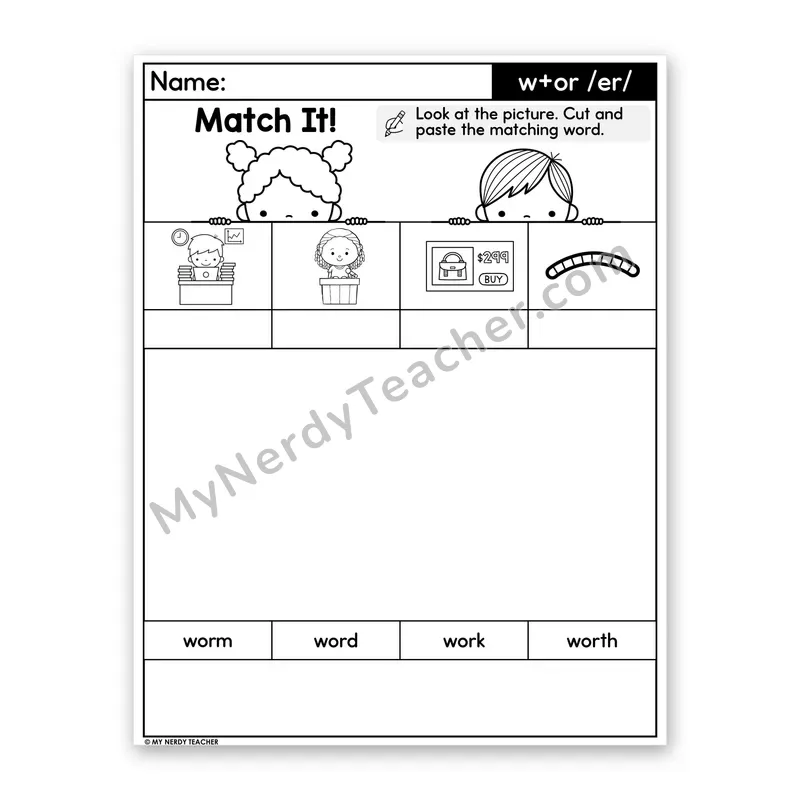 R-Controlled w + or (/er/) Cut and Paste Worksheet