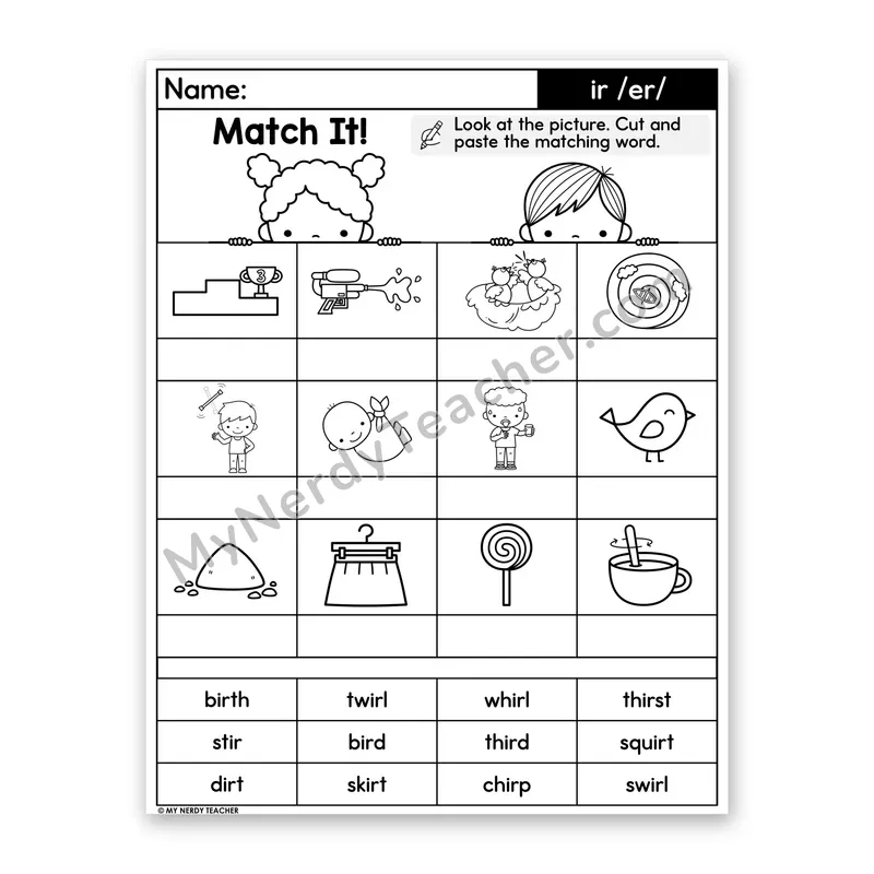 R-Controlled Vowel ir (/er/) Cut and Paste Worksheet