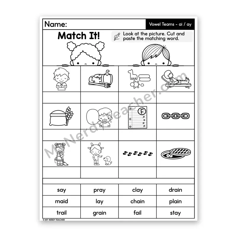 Vowel Teams ai & ay (Long A) Cut and Paste Worksheet