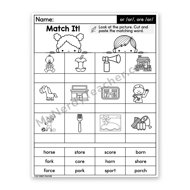 R-Controlled Vowels or & ore Cut and Paste Worksheet