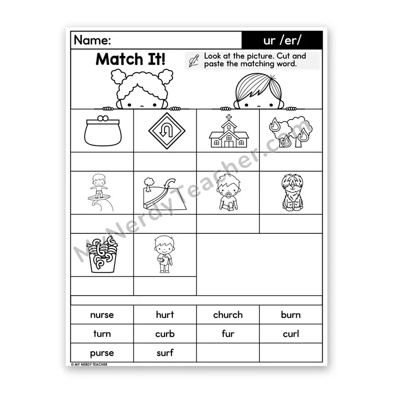 R-Controlled Vowel ur (/er/) Cut and Paste Worksheet