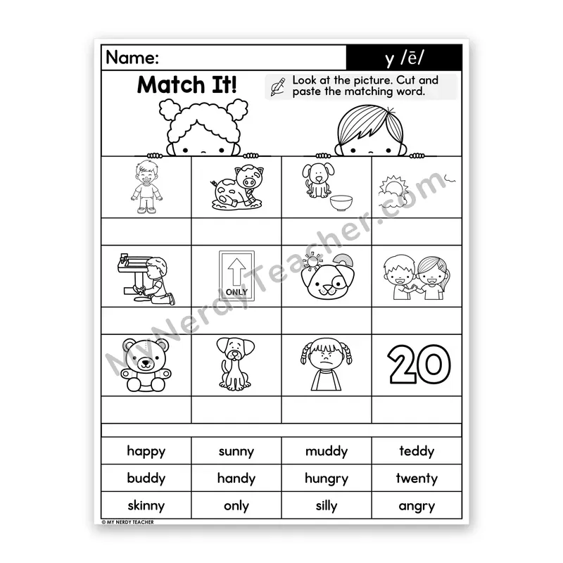 Y as Long E Cut and Paste Worksheet