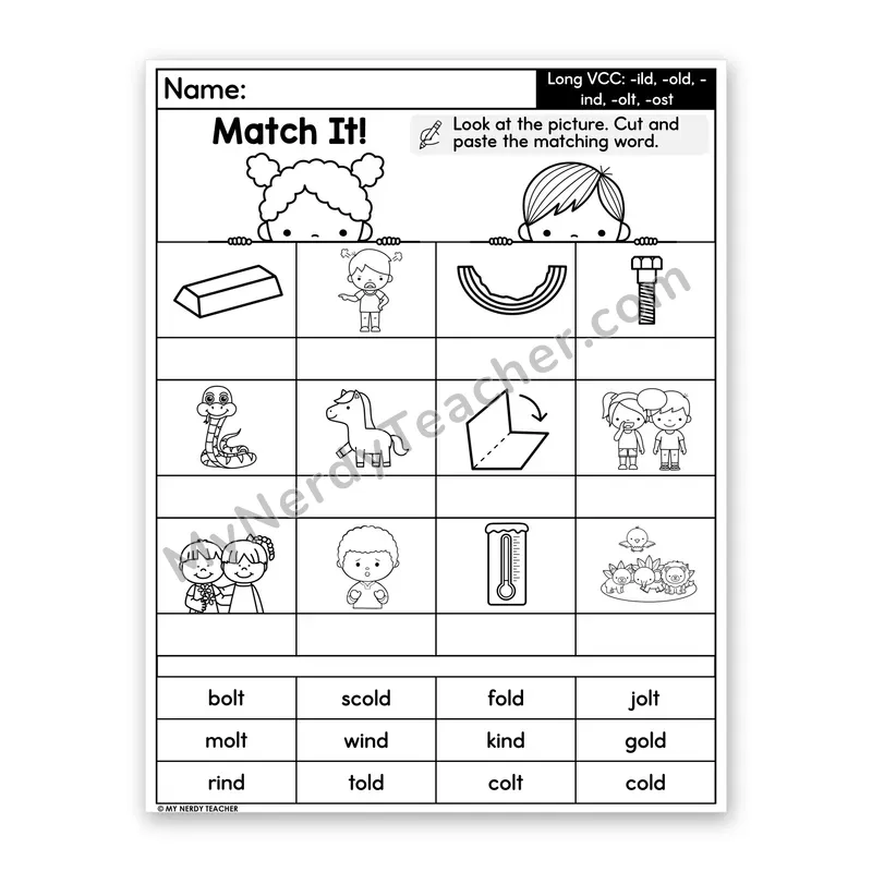 Long VCC (-ild, -old, -ind, -olt, -ost) Cut and Paste Worksheet