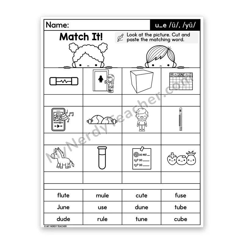 u_e (Long U, Silent E) Cut and Paste Worksheet