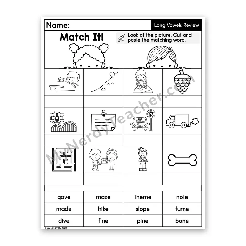 Long Vowels (Silent E) Review Cut and Paste Worksheet