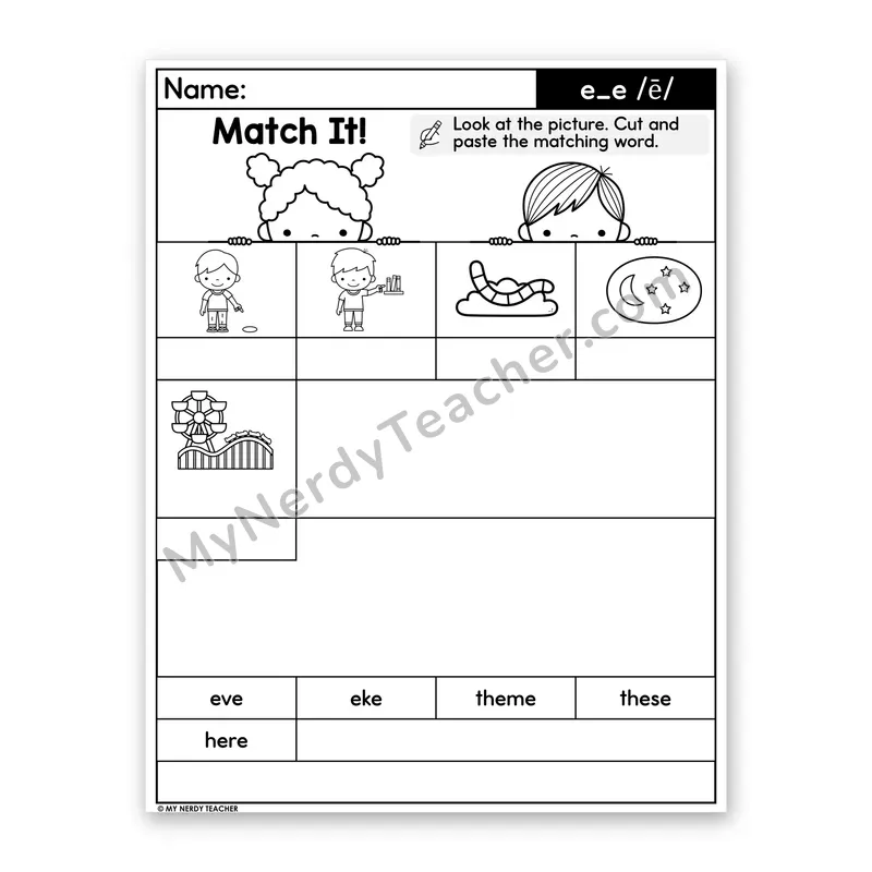 e_e (Long E, Silent E) Cut and Paste Worksheet