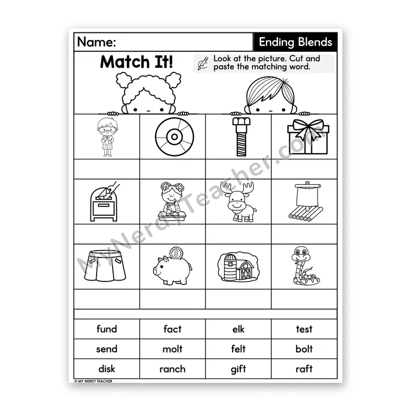 Ending Blends Cut and Paste Worksheet