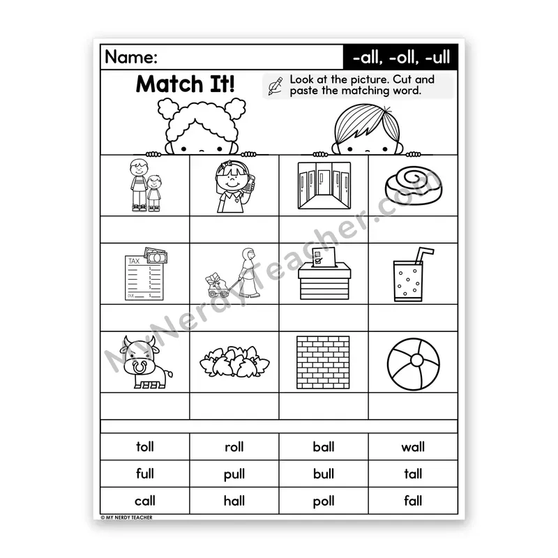 Glued Sounds -all, -oll, -ull Cut and Paste Worksheet