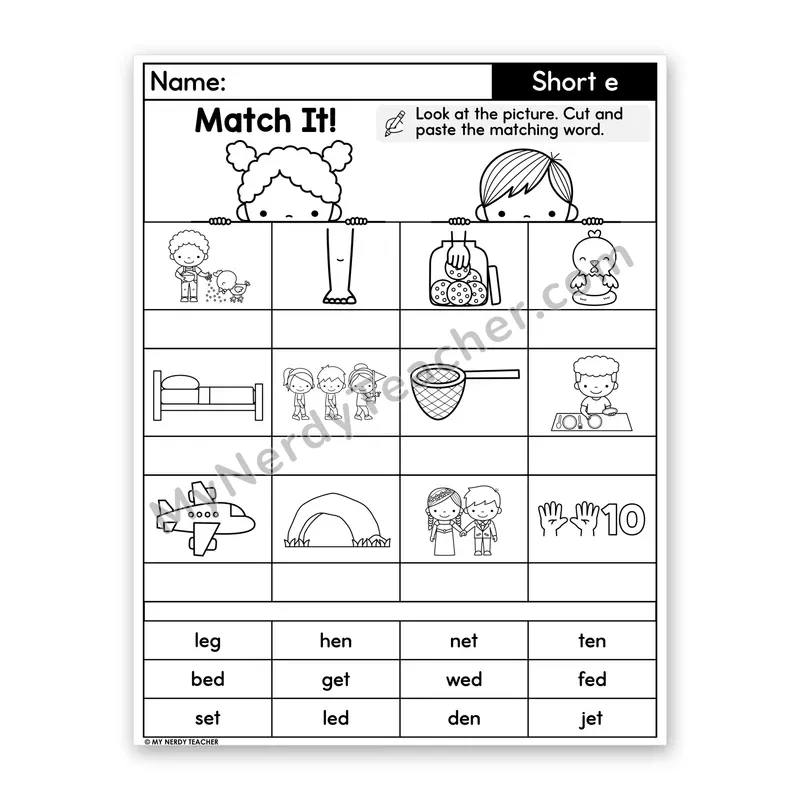 Short E CVC Words Cut and Paste Worksheet