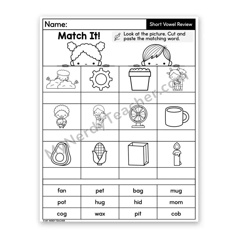 Short Vowels Review (Mixed CVC) Cut and Paste Worksheet