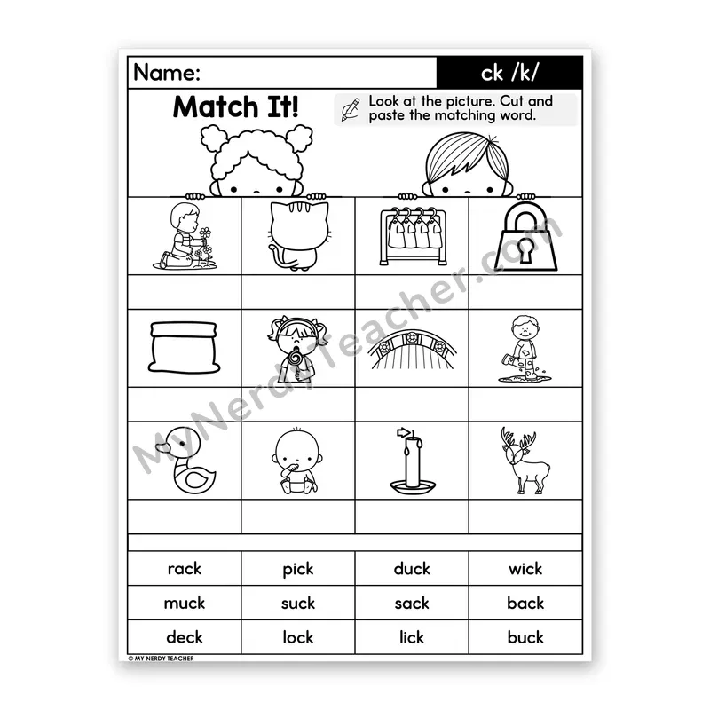 Digraph ck (/k/) Cut and Paste Worksheet