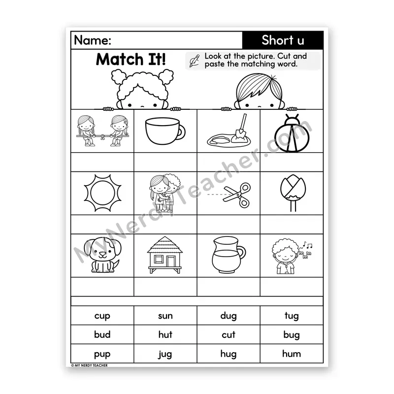 Short U CVC Words Cut and Paste Worksheet
