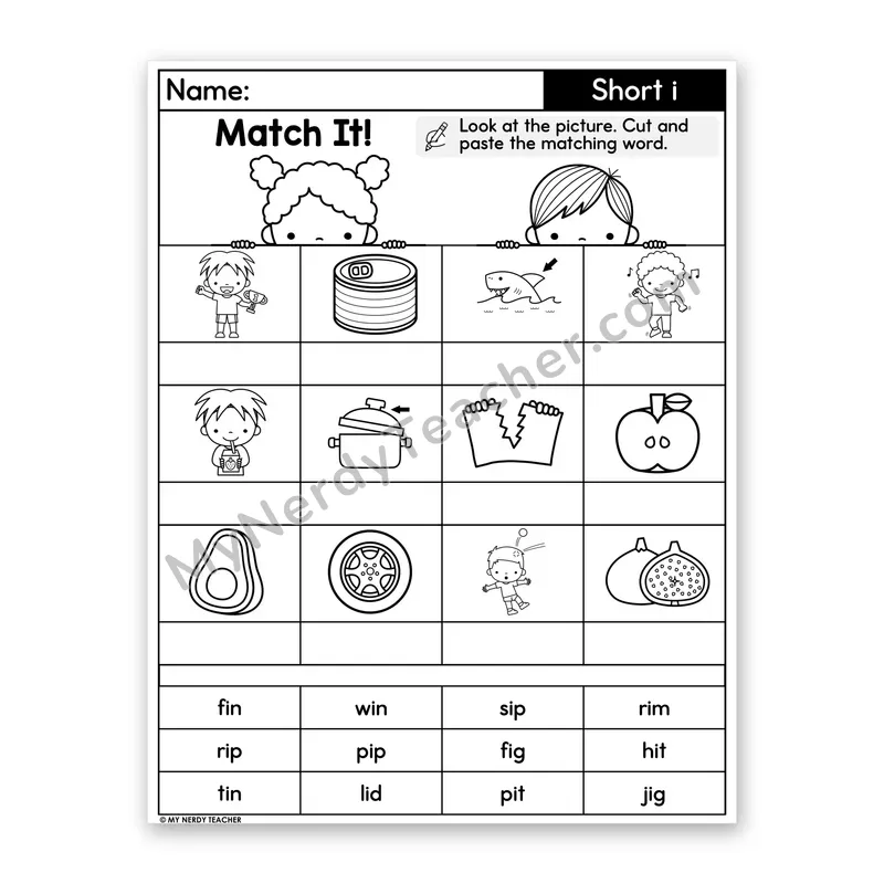 Short I CVC Words Cut and Paste Worksheet