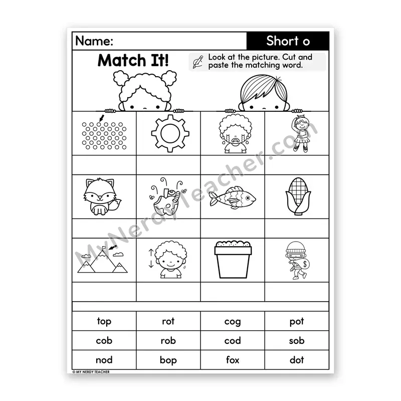 Short O CVC Words Cut and Paste Worksheet