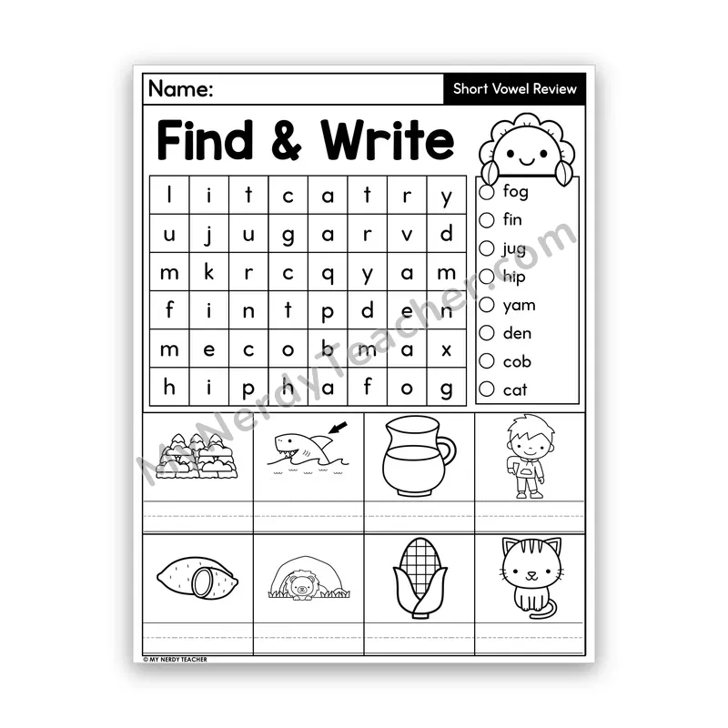 Short Vowel Review Word Search — Mixed CVC Words