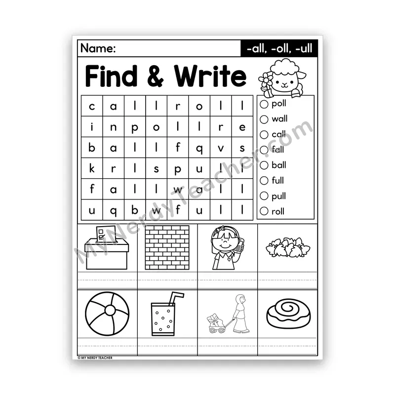 Glued Sounds Word Search — -all, -oll, -ull