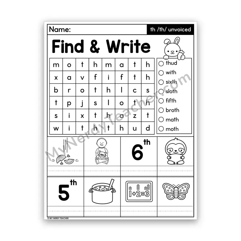 Unvoiced TH Digraph Word Search — /th/