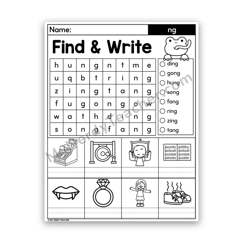 NG Glued Sound Word Search — -ang, -ing, -ong, -ung