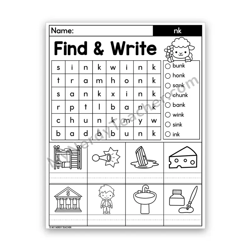 NK Glued Sound Word Search — -ank, -ink, -onk, -unk