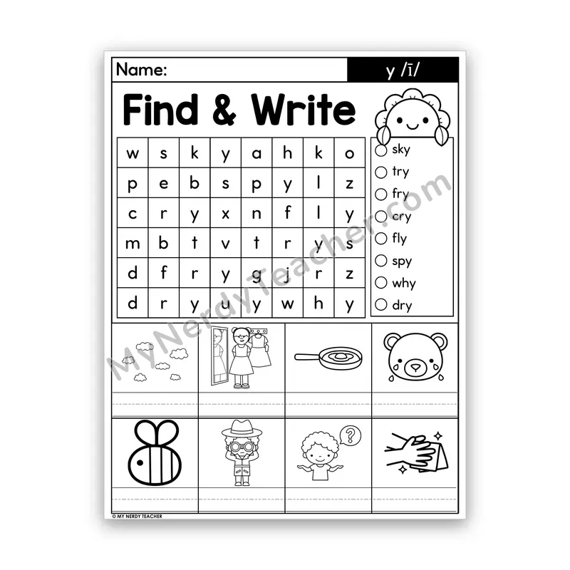 Y as Long I Word Search — sky, try, fly