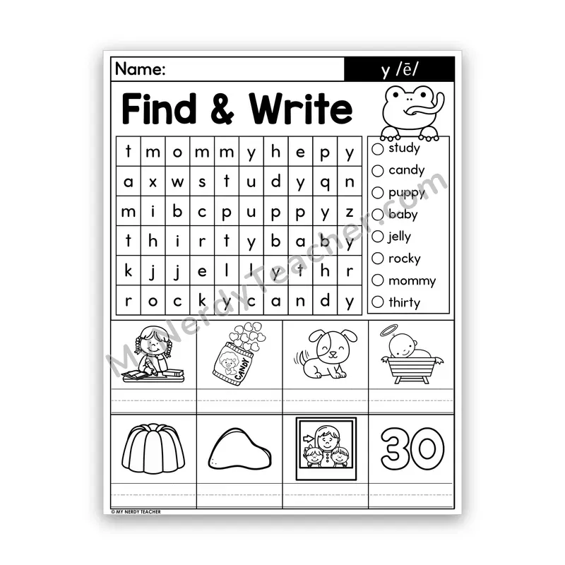 Y as Long E Word Search — candy, puppy, baby