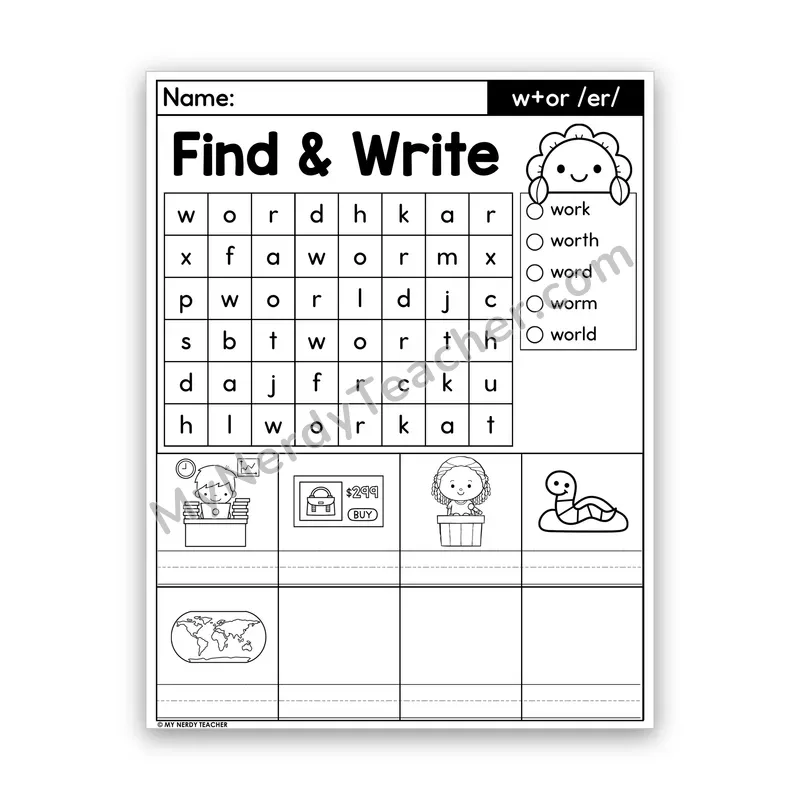R-Controlled w+or Word Search — /er/ (work, word)