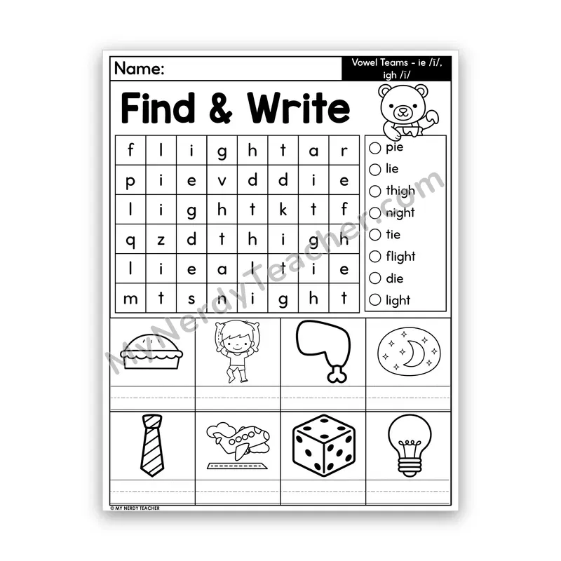 Vowel Teams IE & IGH Word Search — Long I