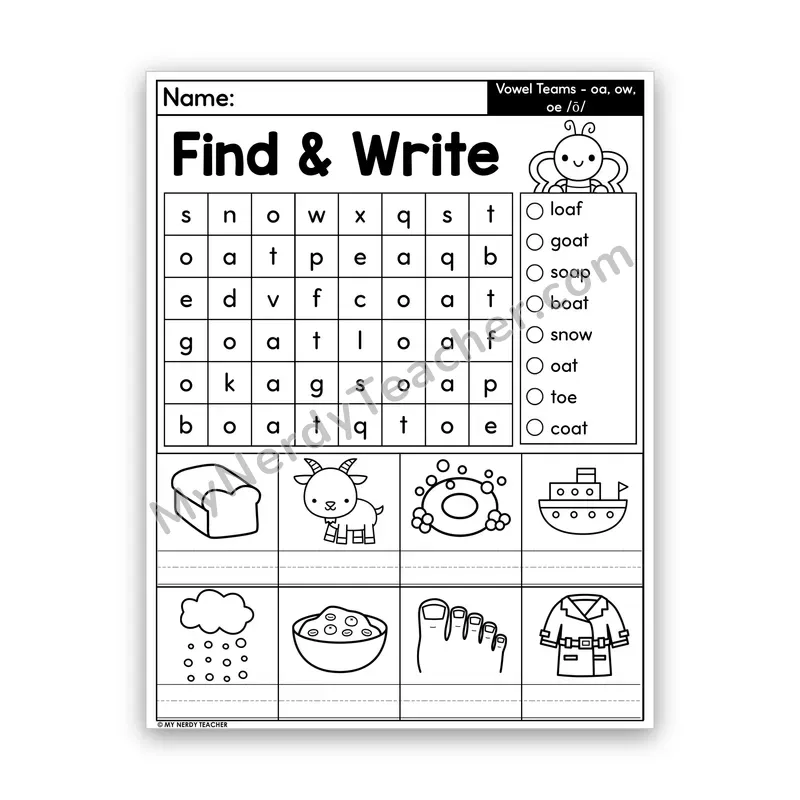 Vowel Teams OA, OW & OE Word Search — Long O