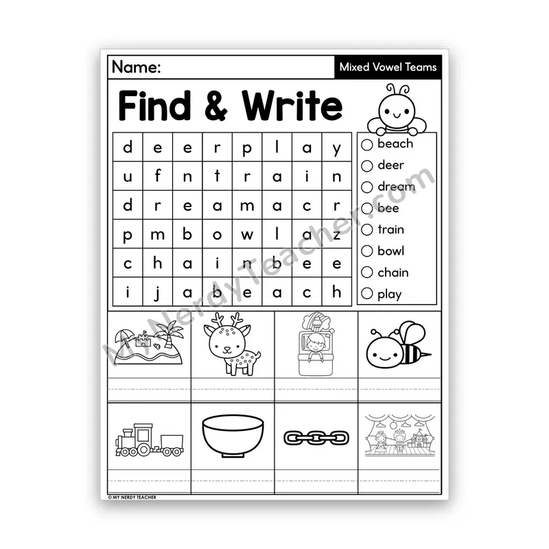 Mixed Vowel Teams Review Word Search — Long Vowels