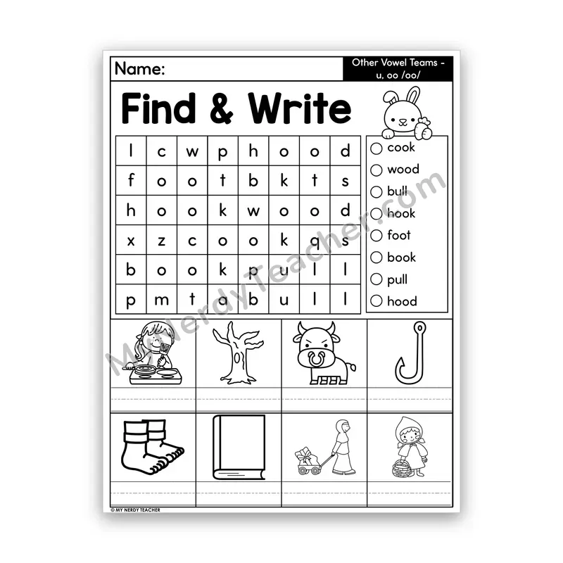Vowel Teams OO & U Word Search — Short /oo/ (book)