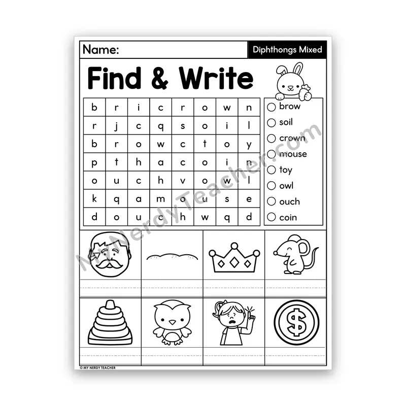 Diphthongs Review Word Search — oi, oy, ou, ow