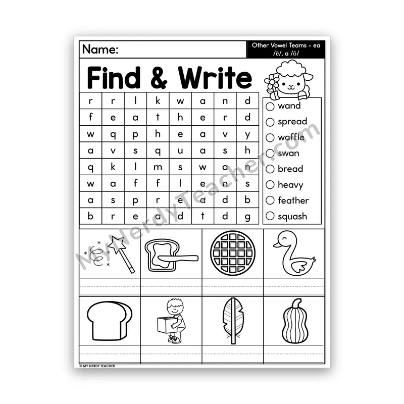 Vowel Teams EA (short e) & A (short o) Word Search