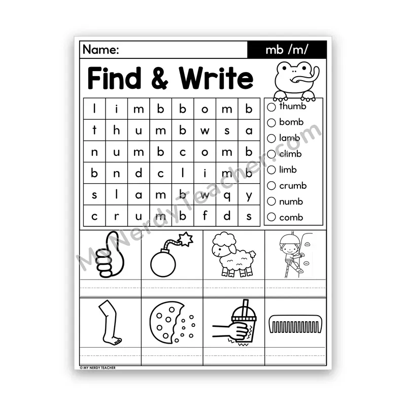 Silent Letters MB Word Search — /m/ (lamb, thumb)