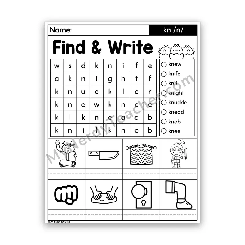 Silent Letters KN Word Search — /n/ (knee, knot)