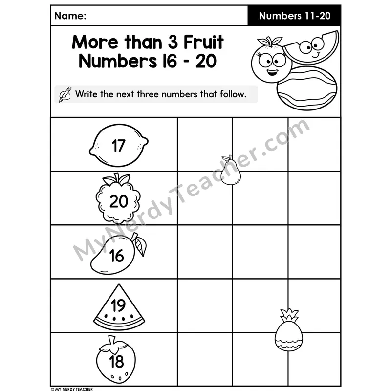 Write the Next Three Numbers 16-20 — Fruit Theme