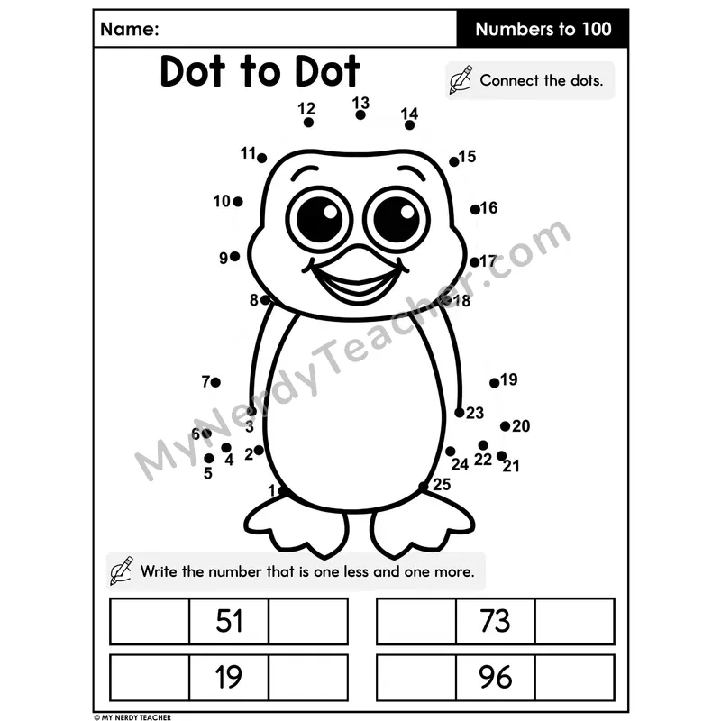 Dot to Dot Counting to 100 Worksheet — Penguin Theme