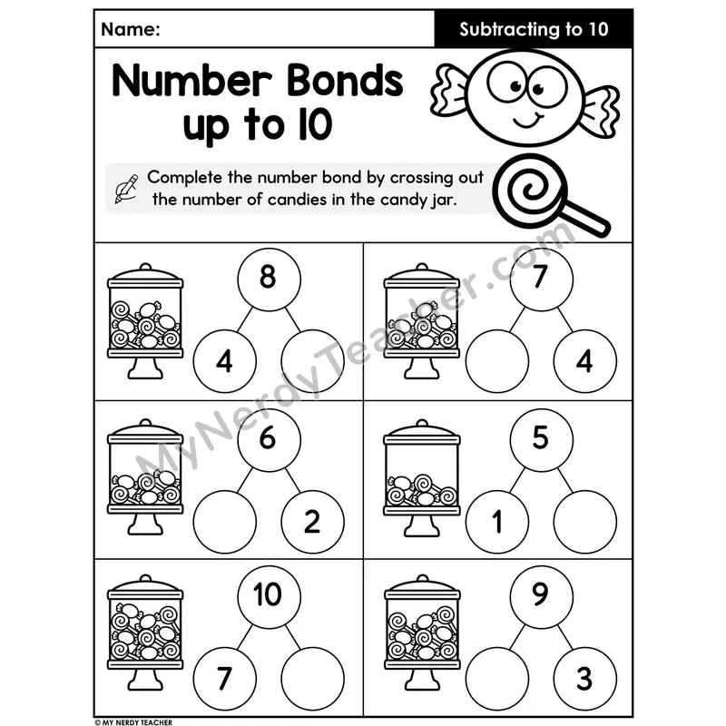 Number Bonds Subtraction Within 10 — Candy Jar Theme