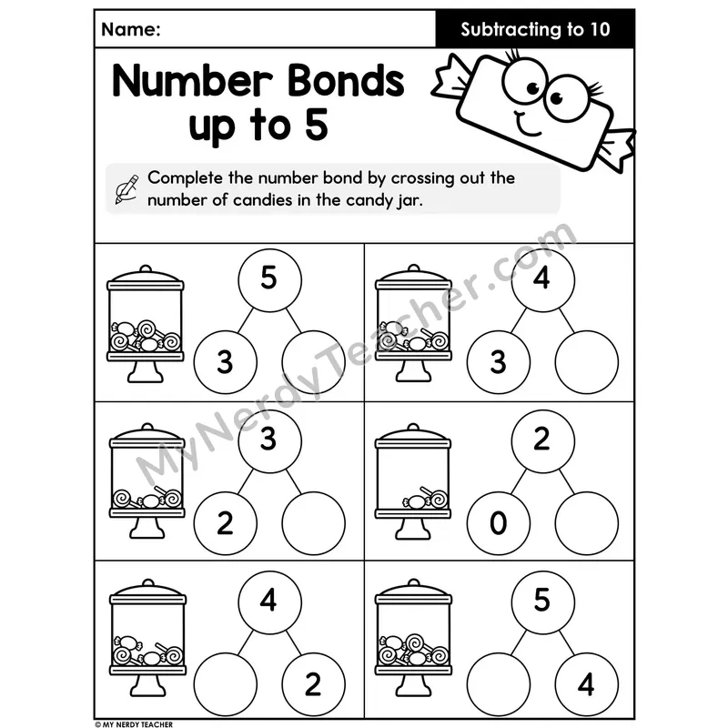 Number Bonds Subtraction Within 5 — Candy Jar Theme