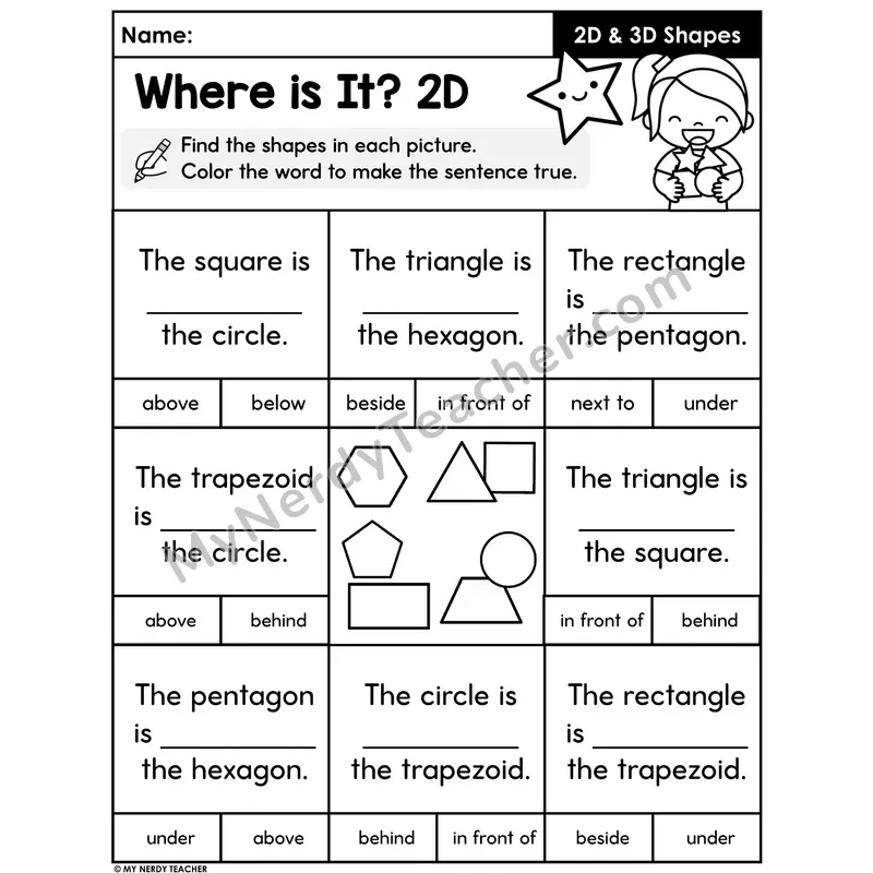 2D Shapes Positional Words Math Worksheet