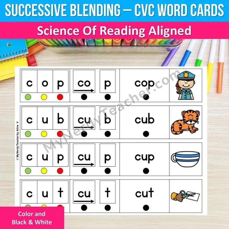 CVC Successive Blending Word Cards — Color and Black & White
