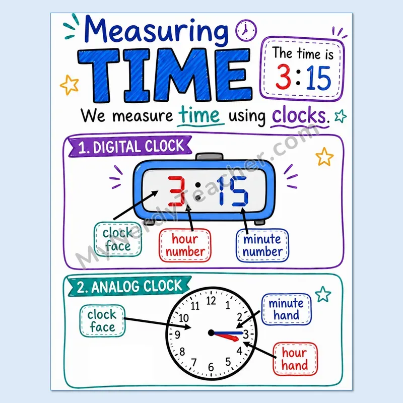 Telling Time Anchor Chart — Analog and Digital Clock Parts